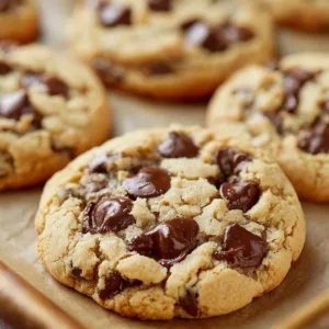 Freshly baked soft and chewy chocolate chip cookies on a cooling rack.