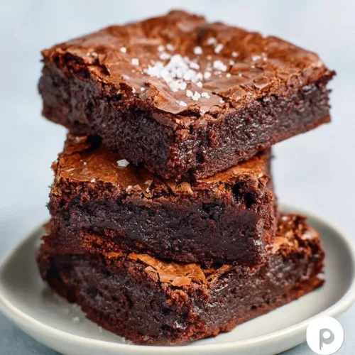 Fudgy chocolate brownies topped with a dusting of powdered sugar on a plate