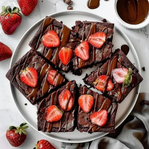 Fudgy chocolate strawberry brownies topped with fresh strawberries.