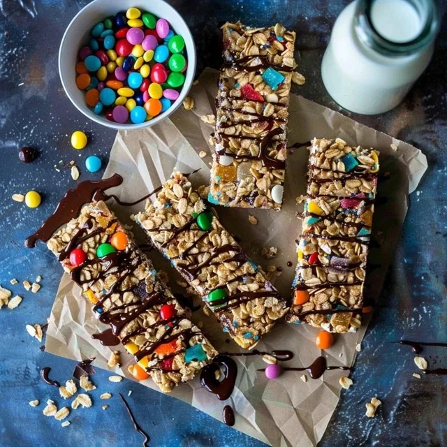 Healthy no bake granola bars with oats and nuts on a wooden table