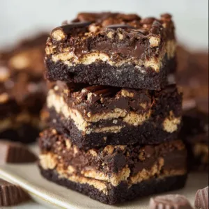 Decadent Kit Kat brownies topped with chocolate and Kit Kat pieces.