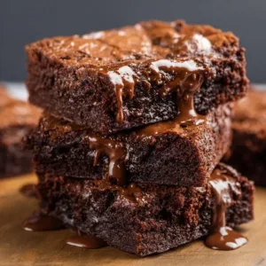 Deliciously rich fudgy brownies topped with chocolate and nuts on a wooden table.
