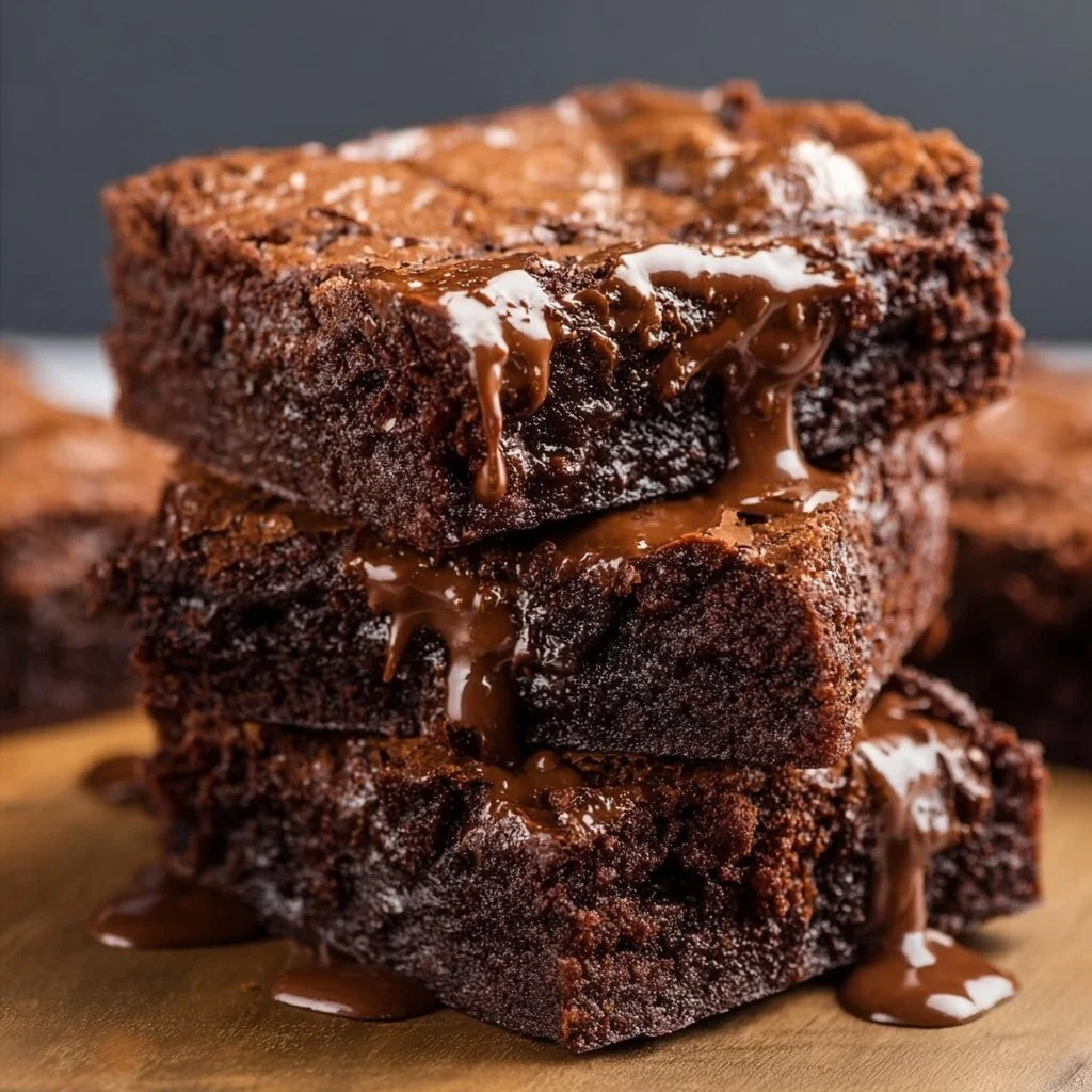 Deliciously rich fudgy brownies topped with chocolate and nuts on a wooden table.