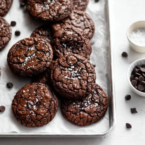 Baked salted espresso brownie cookies on a rustic wooden table.