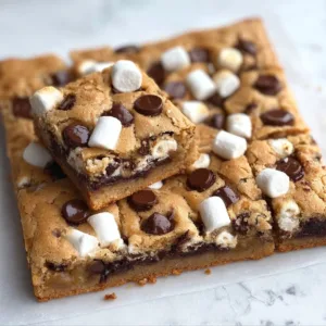 Deliciously baked S'mores Cookie Bars with marshmallows, chocolate, and graham crackers.