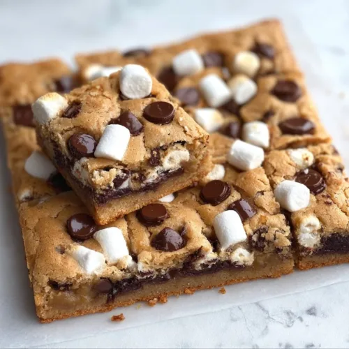 Deliciously baked S'mores Cookie Bars with marshmallows, chocolate, and graham crackers.