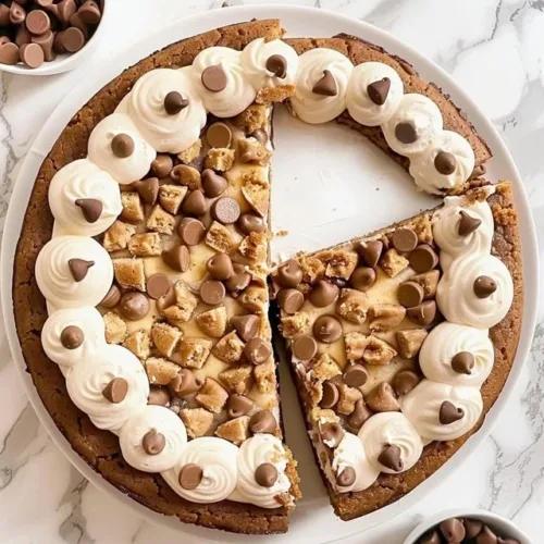 Soft chocolate chip cookie cake with melty chocolate chips.
