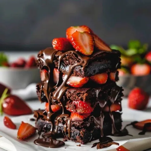 Delicious Strawberry Nutella Brownies topped with fresh strawberries and Nutella drizzle.