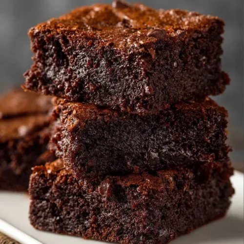 Super rich chocolate brownies served on a plate with chocolate drizzle